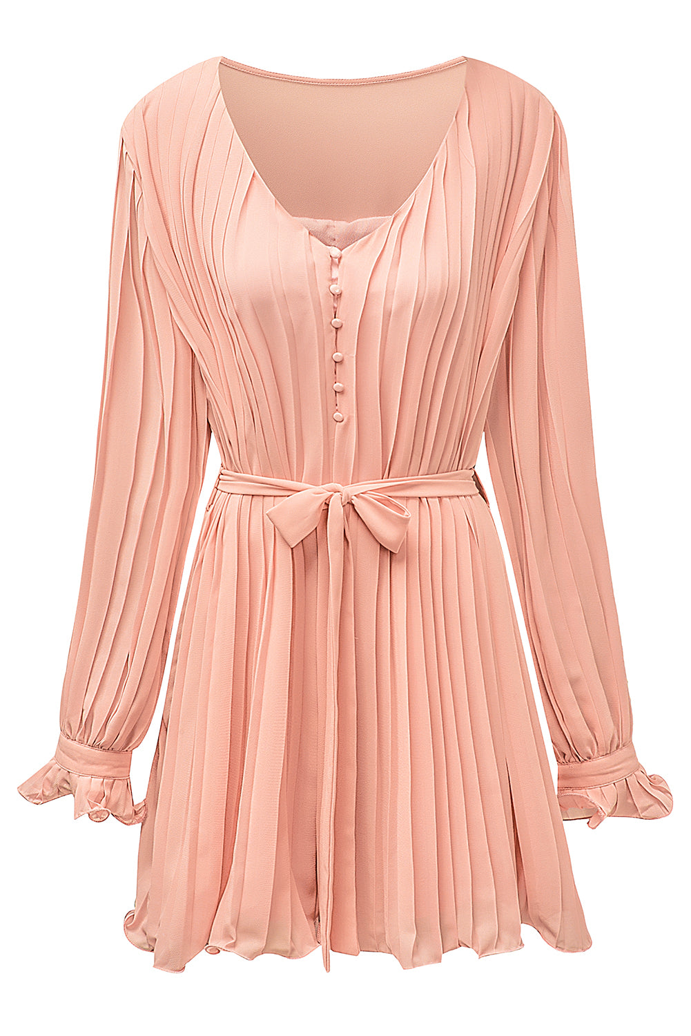 Pink Casual Pleated Ruffle Tie Waist Buttons V Neck Romper