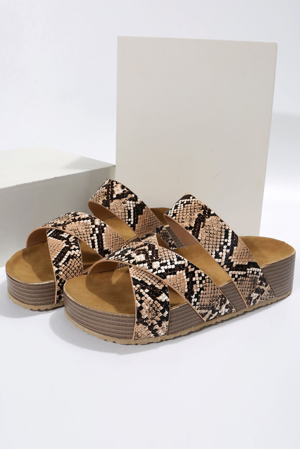 Beige Woven Criss Cross Strap Platform Slip-on Sandals