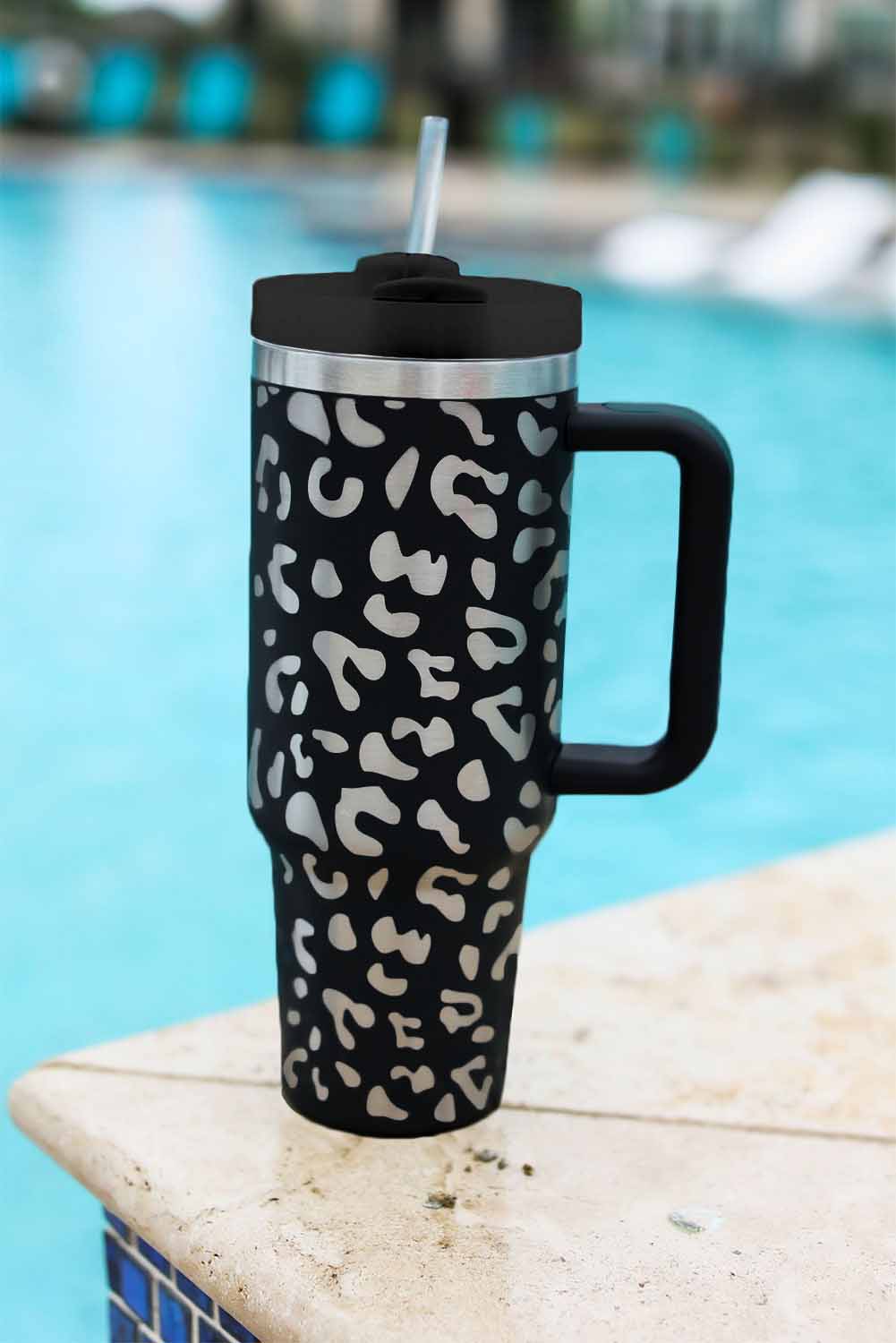 White 40oz Stainless Steel Portable Leopard Tumbler Mug With Handle