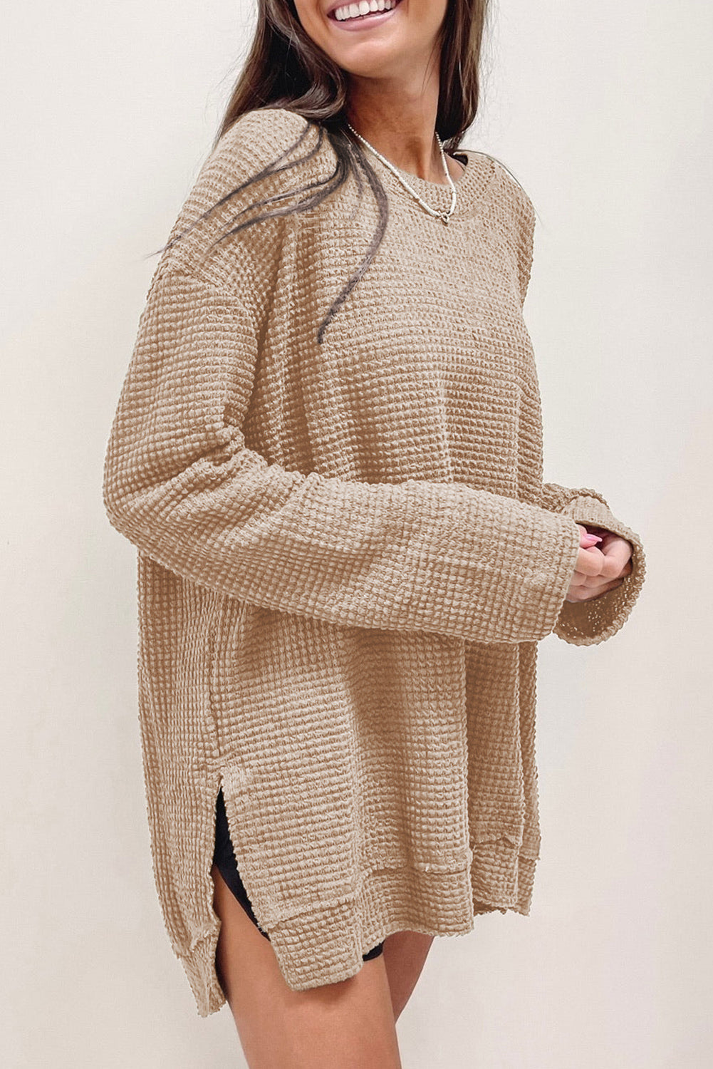 Khaki Plain Waffle Knit Drop Sleeve Side Slits Oversized Top