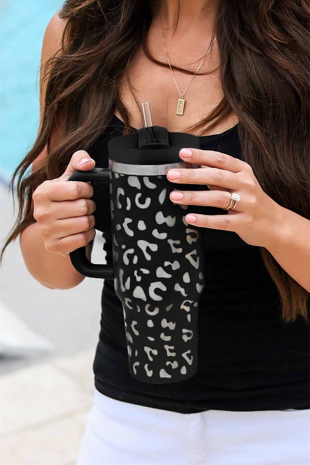 White 40oz Stainless Steel Portable Leopard Tumbler Mug With Handle