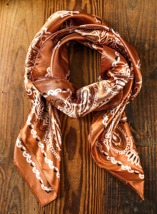 Gold Flame Vintage Satin Flower Print Square Scarf