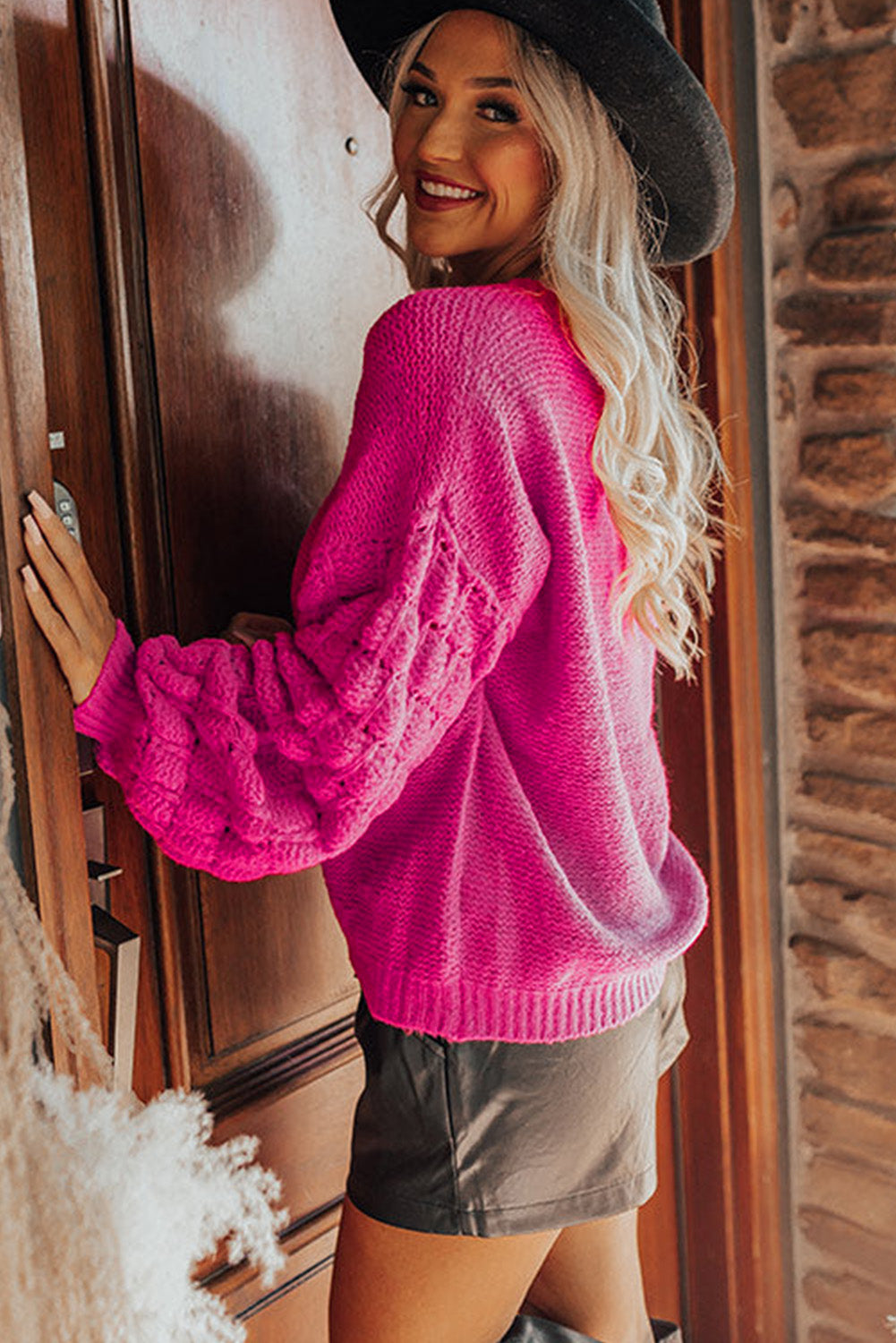 Rose Hollowed Long Sleeve Drop Sleeve Knit Sweater