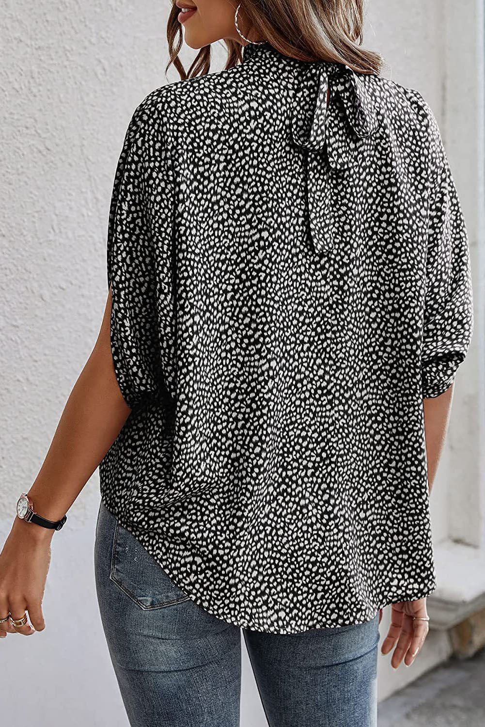 Leopard Knot Stand Neck Tunic Short Sleeve Blouse