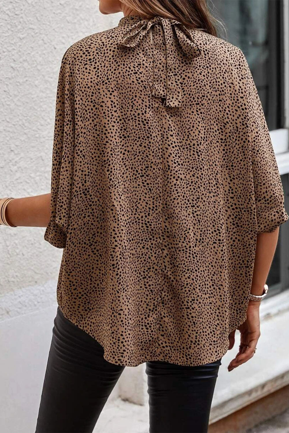 Leopard Knot Stand Neck Tunic Short Sleeve Blouse