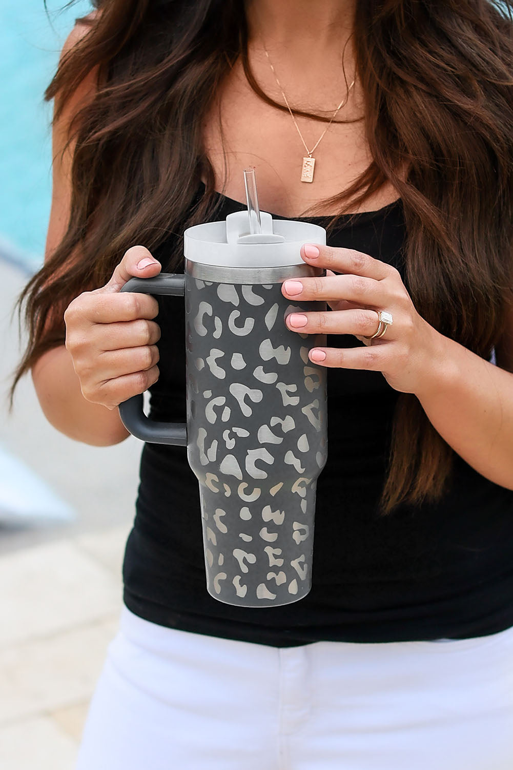 White 40oz Stainless Steel Portable Leopard Tumbler Mug With Handle