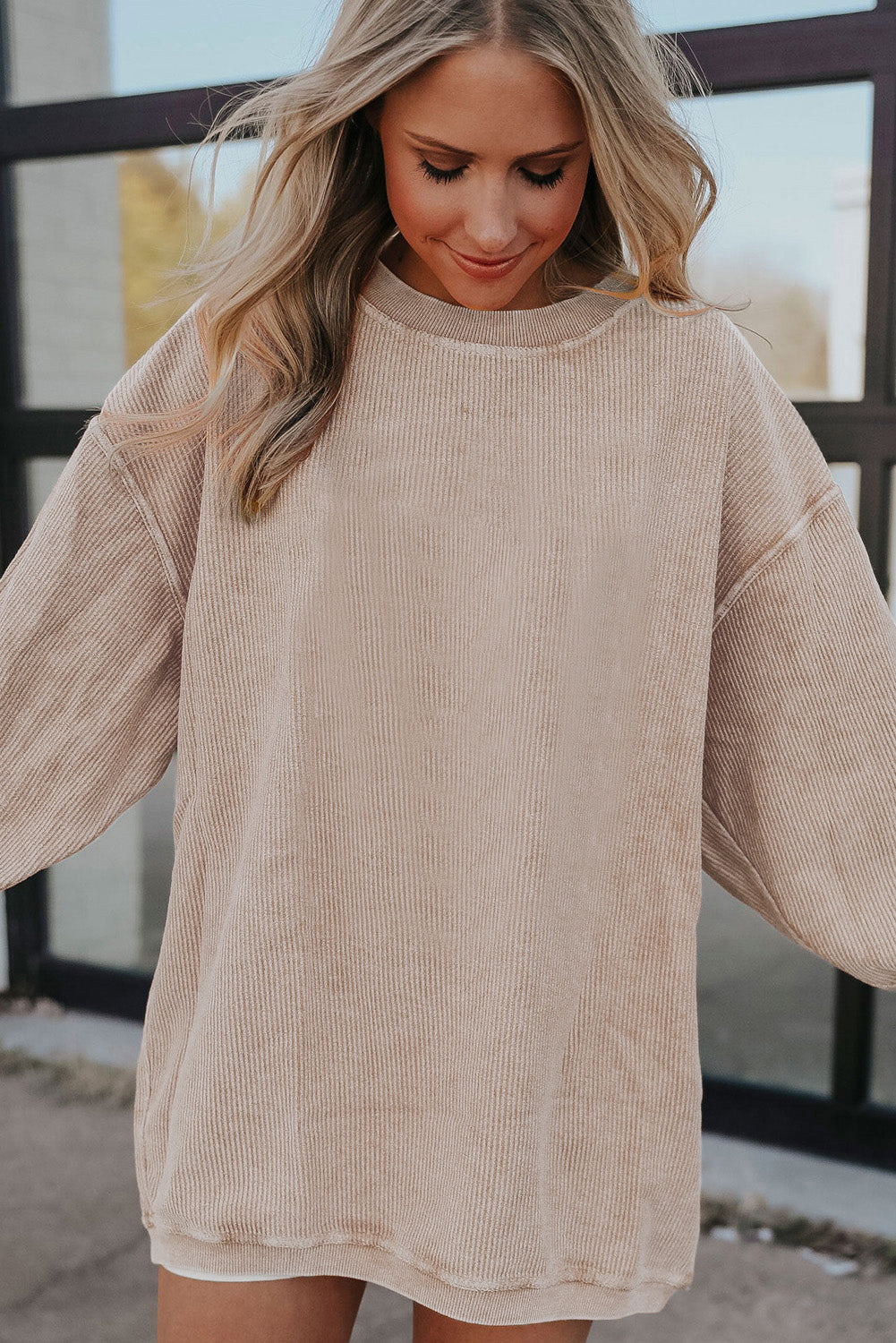 Orange Plain Drop Sleeve Rib-Knit Oversized Sweatshirt