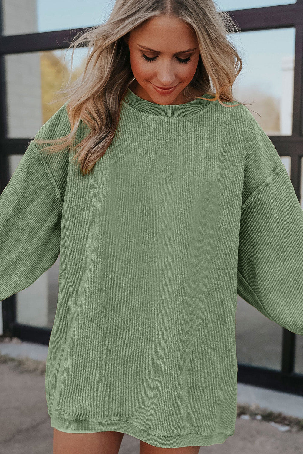 Orange Plain Drop Sleeve Rib-Knit Oversized Sweatshirt