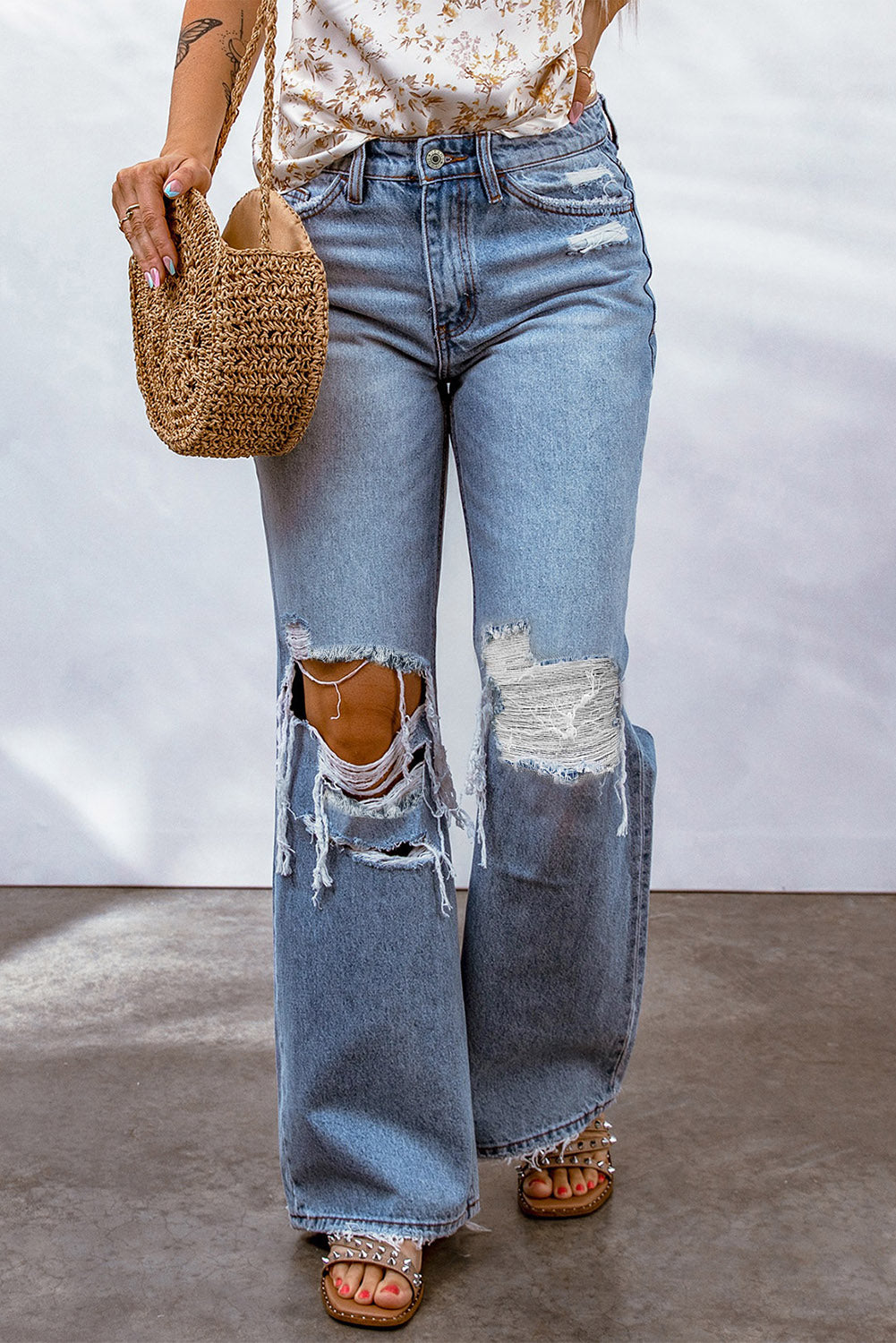 Light Blue Destroyed Ripped Casual Wide Leg Jeans