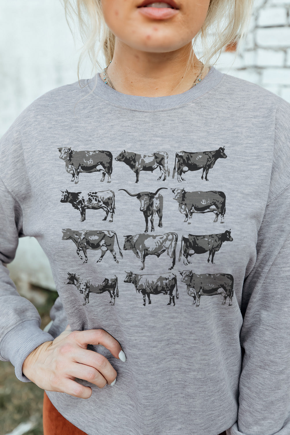 Grey Western Bull Print Graphic Long Sleeve Sweatshirt