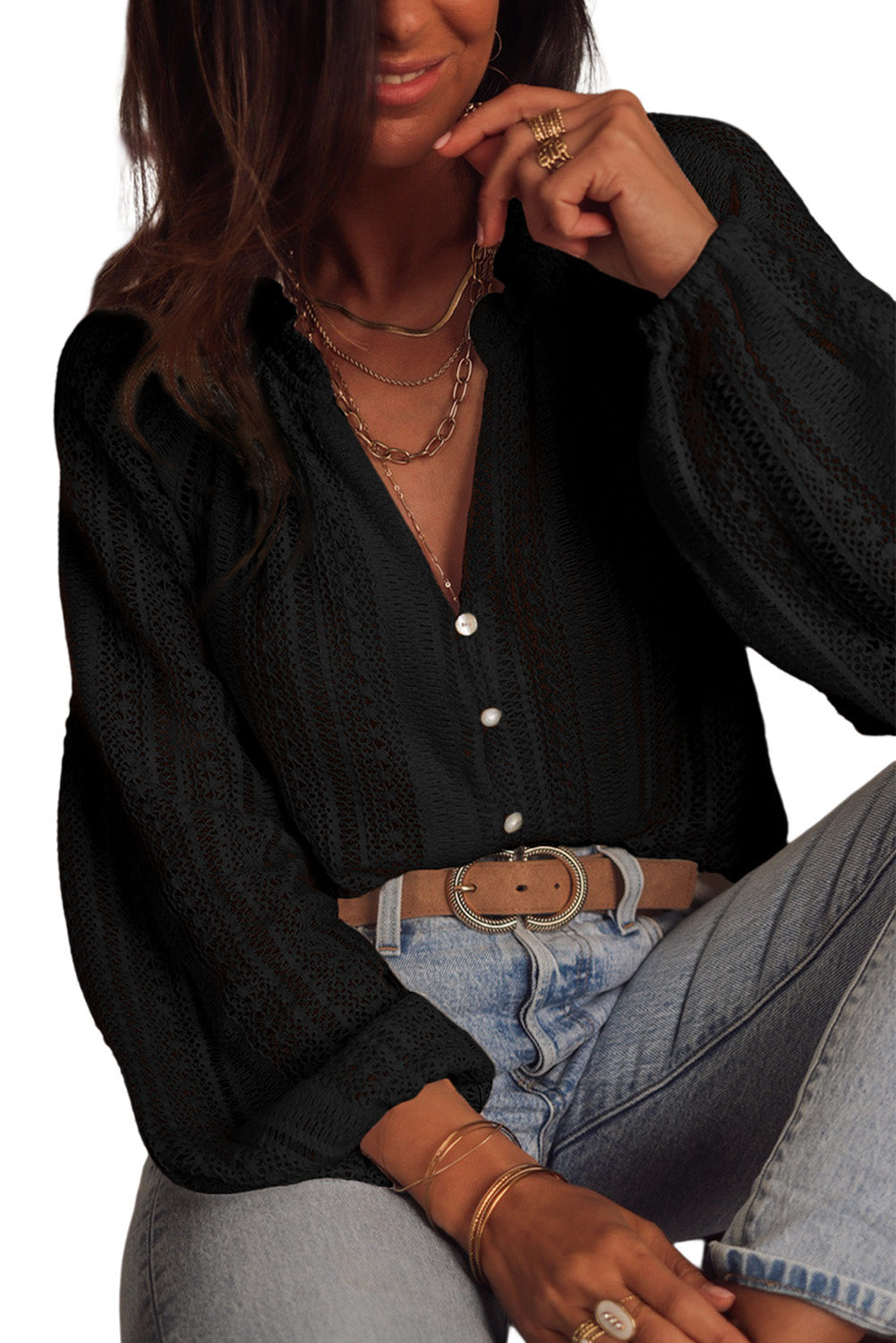 White Notch Neck Button Down Raglan Sleeve Crochet Top