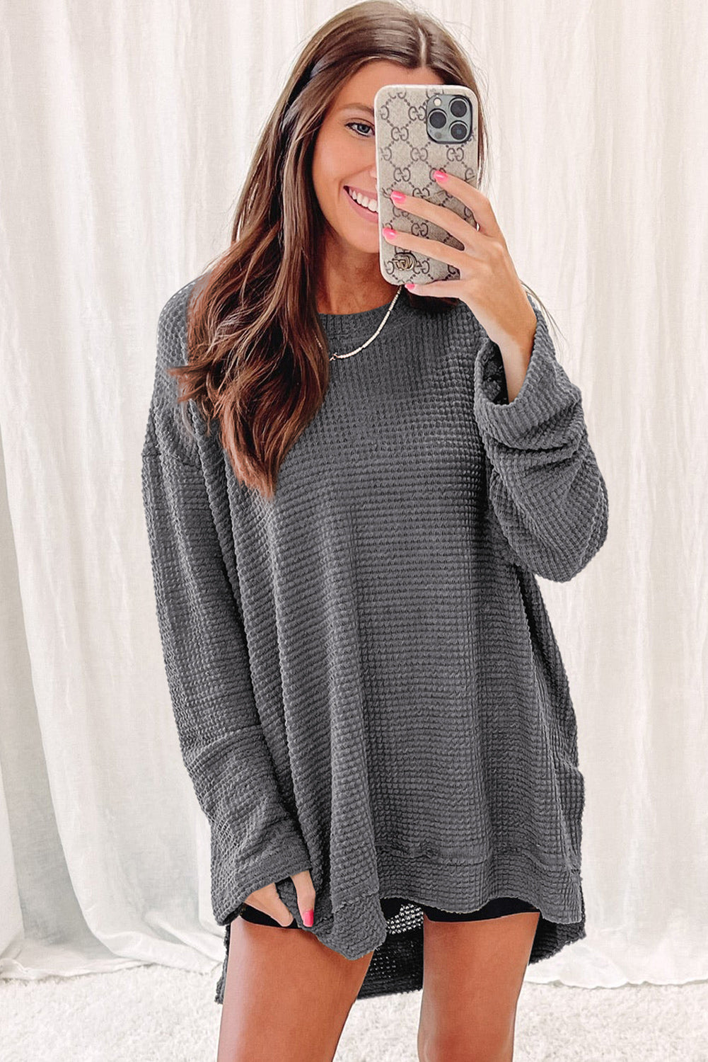 Khaki Plain Waffle Knit Drop Sleeve Side Slits Oversized Top