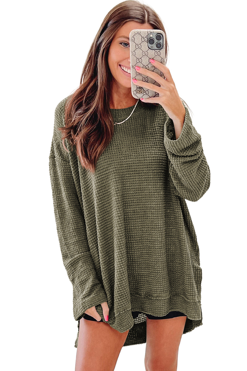 Khaki Plain Waffle Knit Drop Sleeve Side Slits Oversized Top