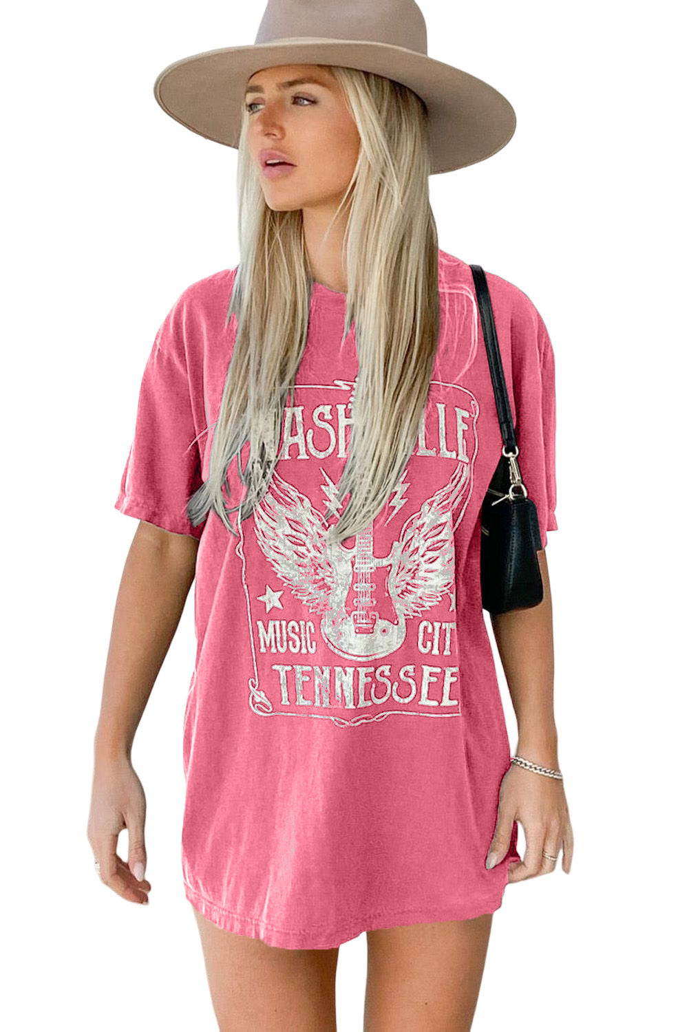 Pink Band Tee Guitar Print Oversized T Shirt