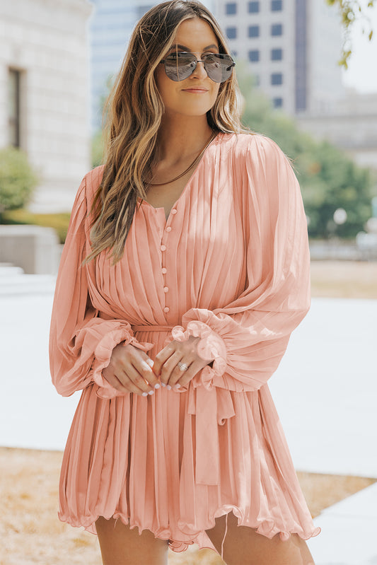 Pink Casual Pleated Ruffle Tie Waist Buttons V Neck Romper