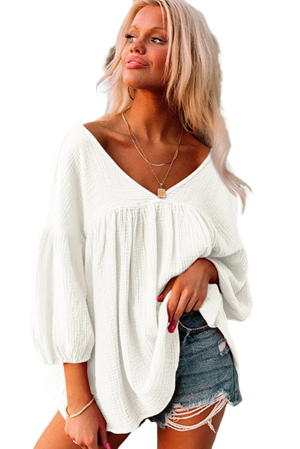 White Basic Gauze Cotton V Neck Top for Women