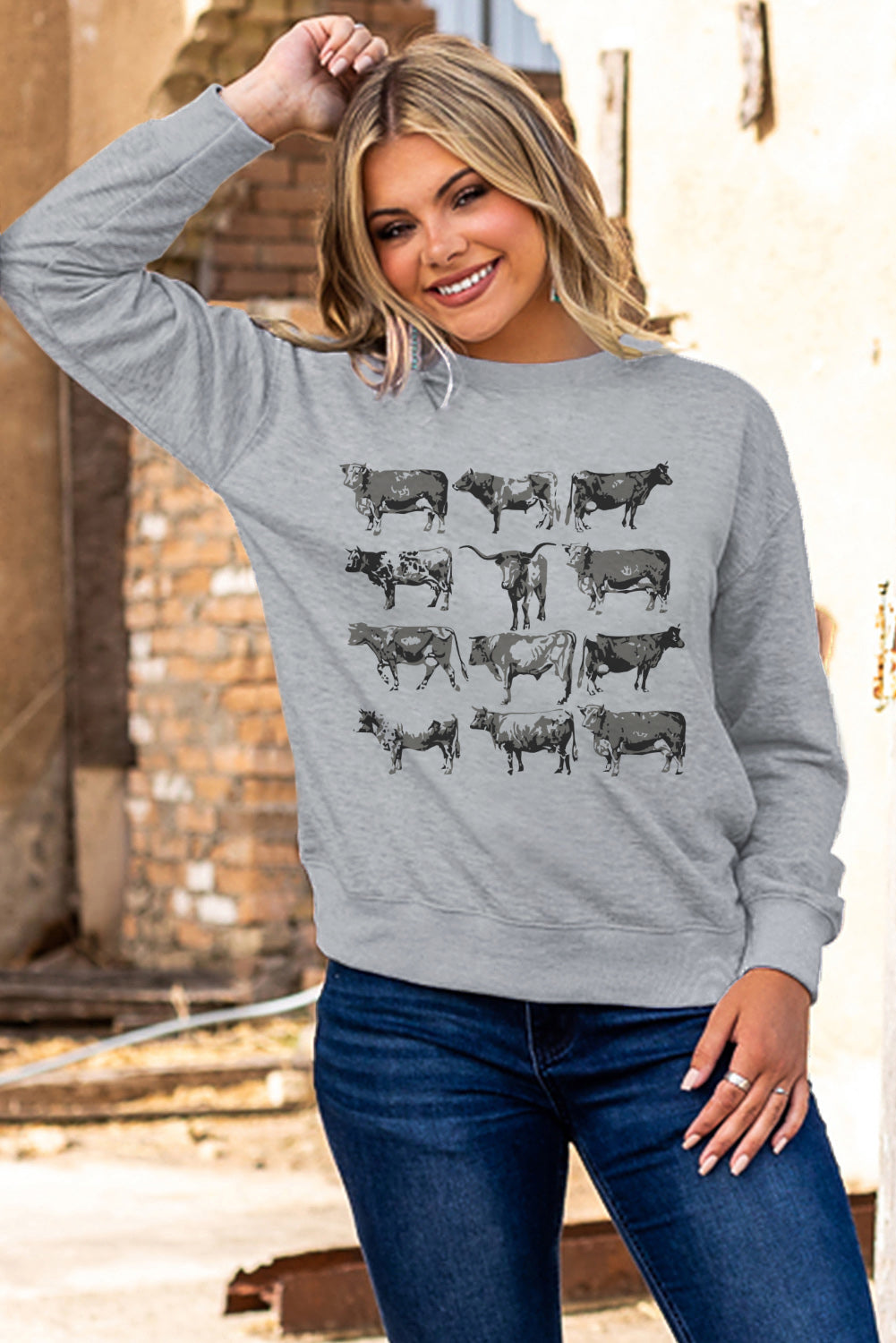 Grey Western Bull Print Graphic Long Sleeve Sweatshirt