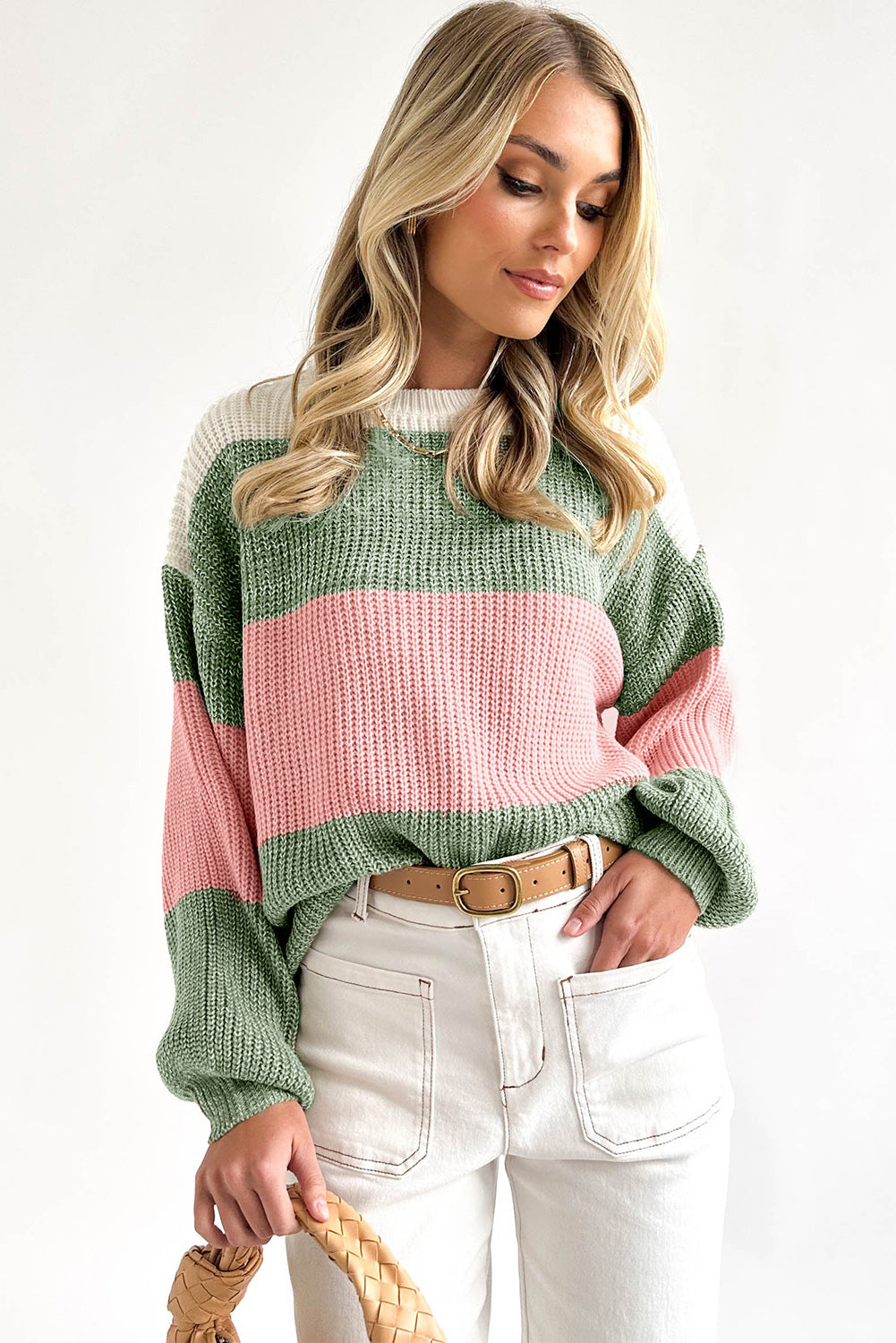 Pink Colorblock Drop Shoulder Pullover Loose Sweater