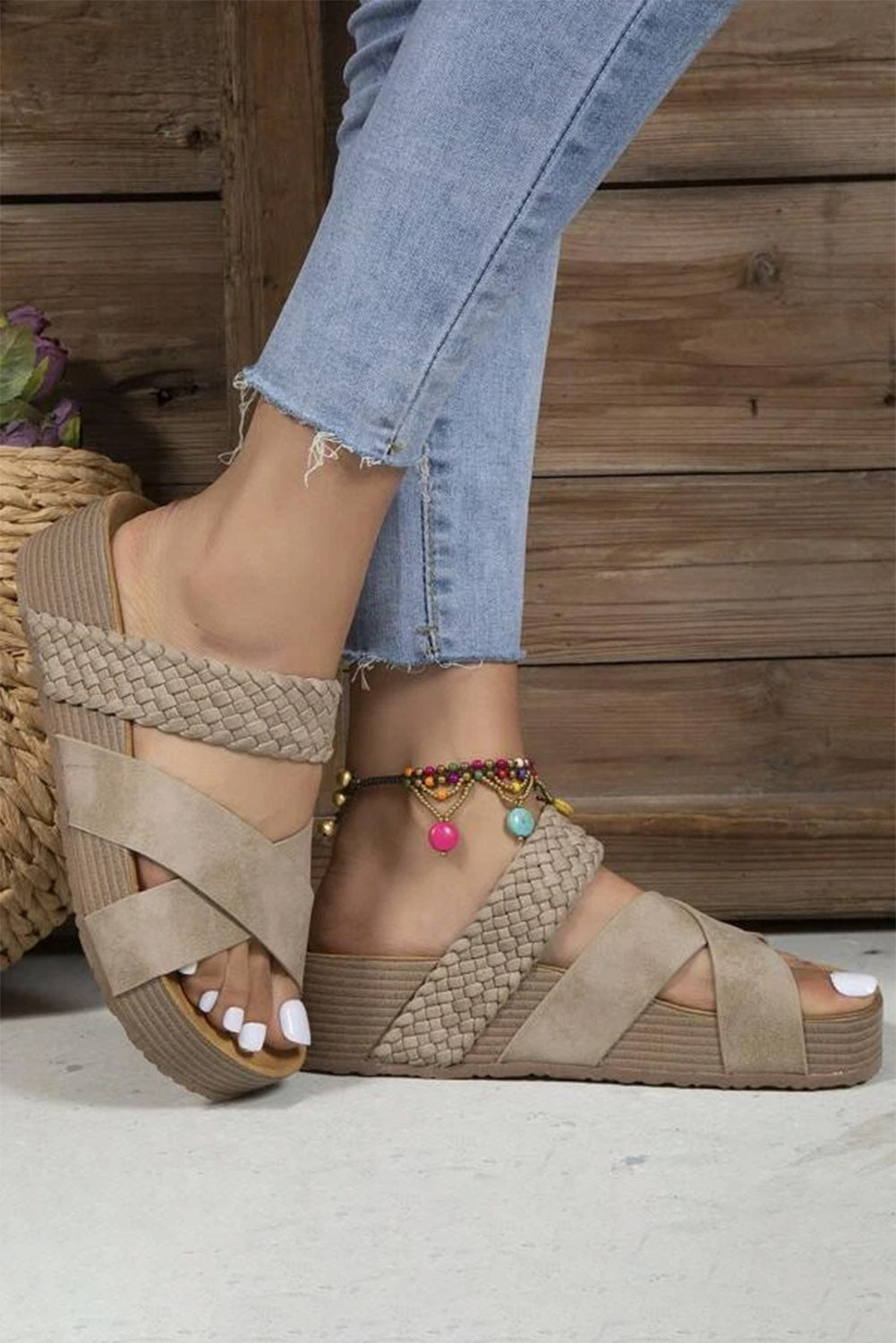 Brown Braided Detail Criss Cross Platform Sandals