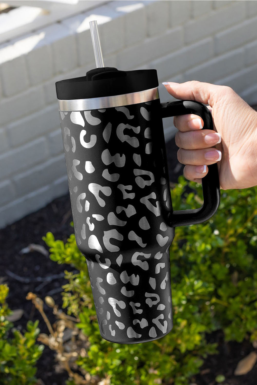 White 40oz Stainless Steel Portable Leopard Tumbler Mug With Handle