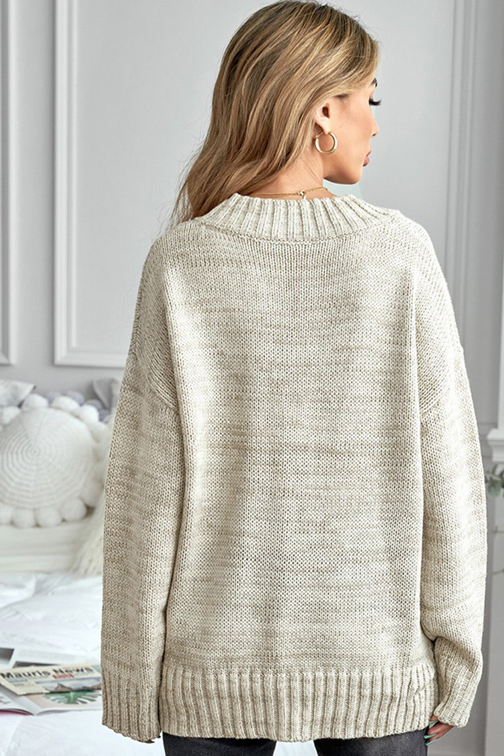 White V Neck Drop Shoulder Knitted Sweater