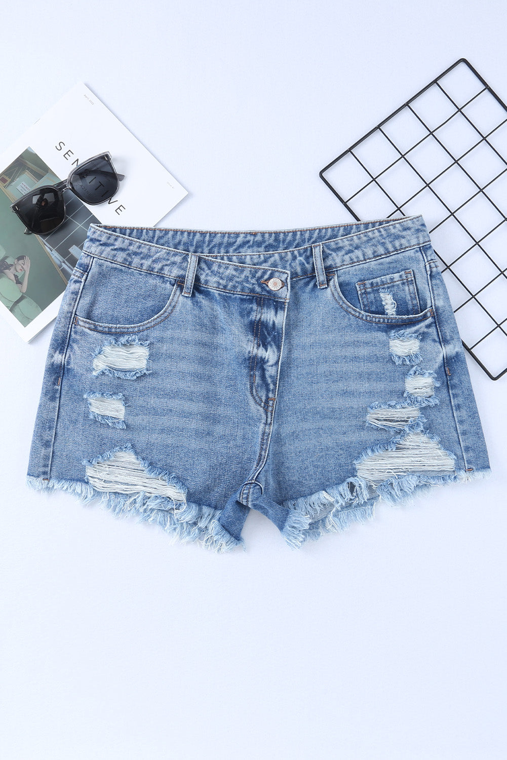 Black Crossover Waist High Rise Denim Shorts