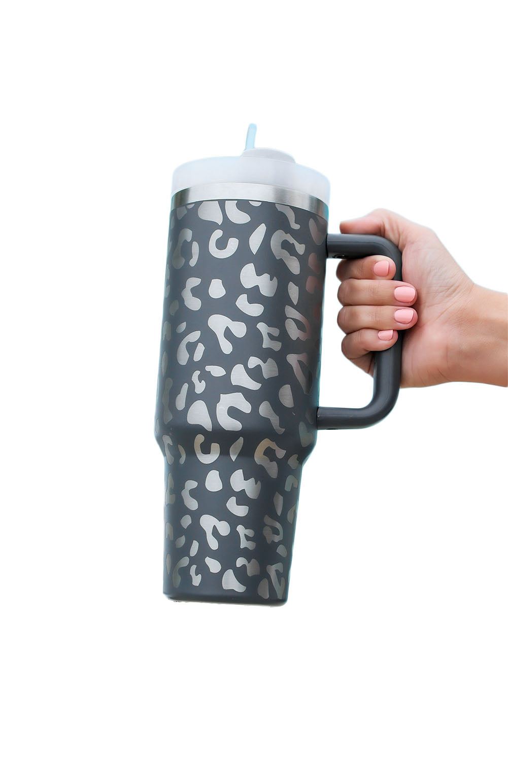 White 40oz Stainless Steel Portable Leopard Tumbler Mug With Handle