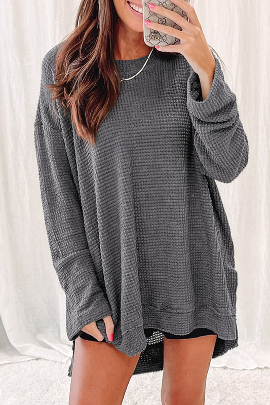 Khaki Plain Waffle Knit Drop Sleeve Side Slits Oversized Top