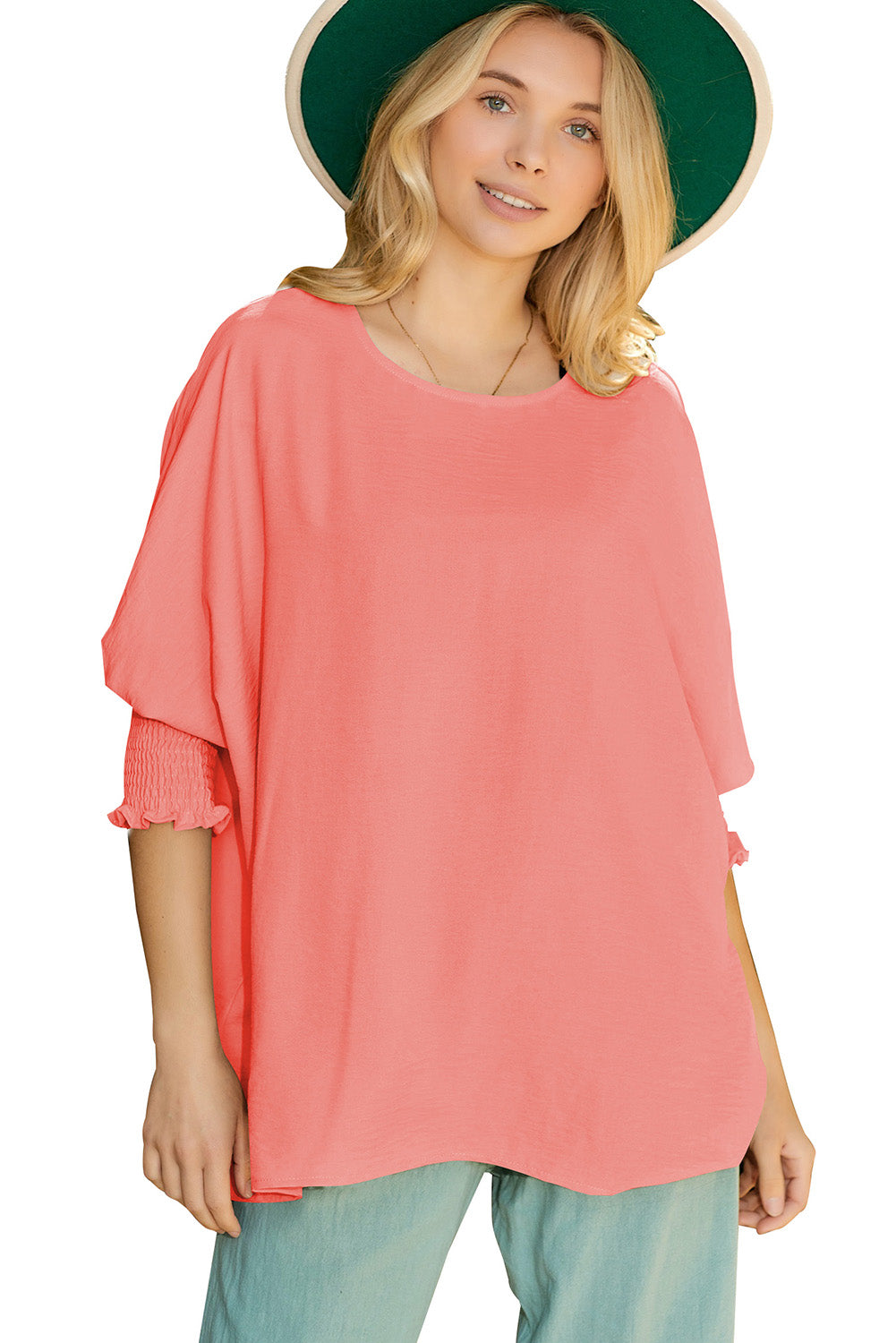 Apricot Solid Casual Smocked Cuffs Batwing Sleeve Blouse