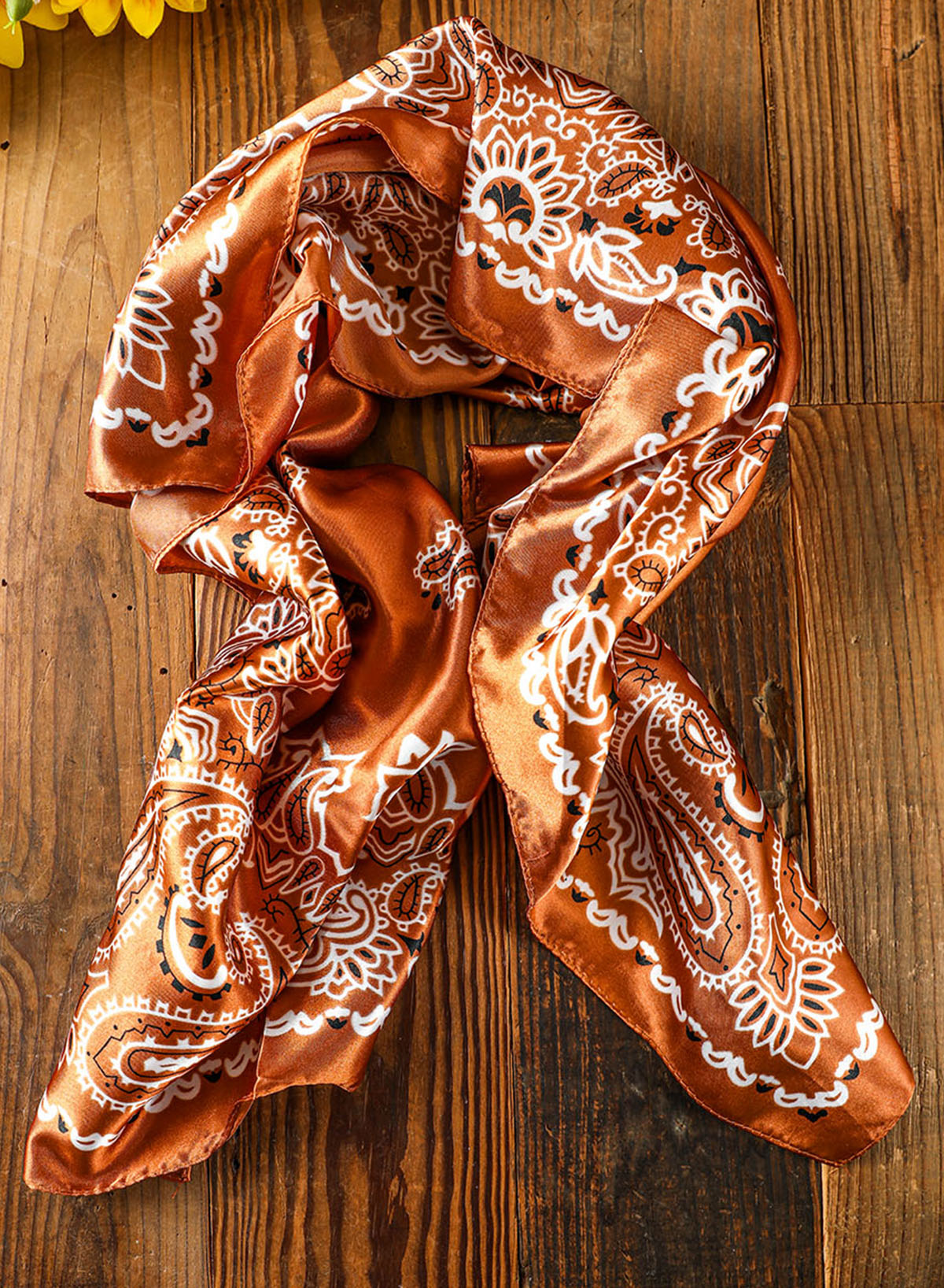 Gold Flame Vintage Satin Flower Print Square Scarf