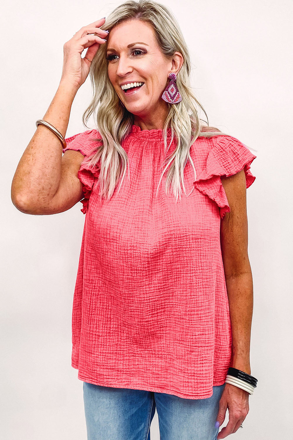 Rosy Crinkled Ruffle Casual Short Sleeve Blouse