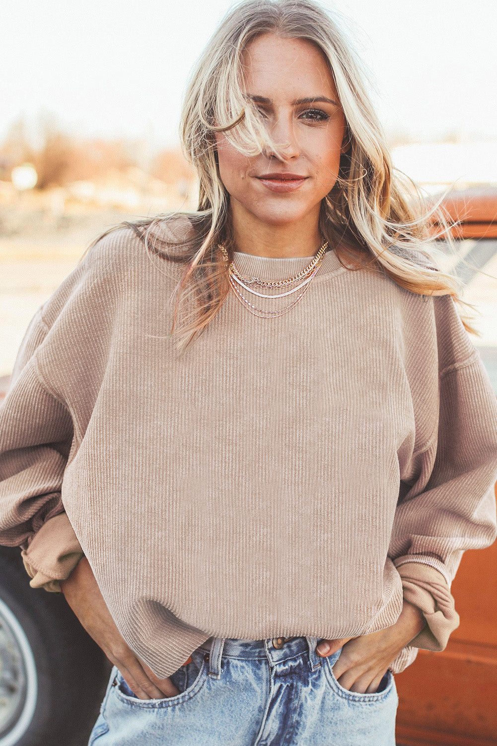 Orange Plain Drop Sleeve Rib-Knit Oversized Sweatshirt