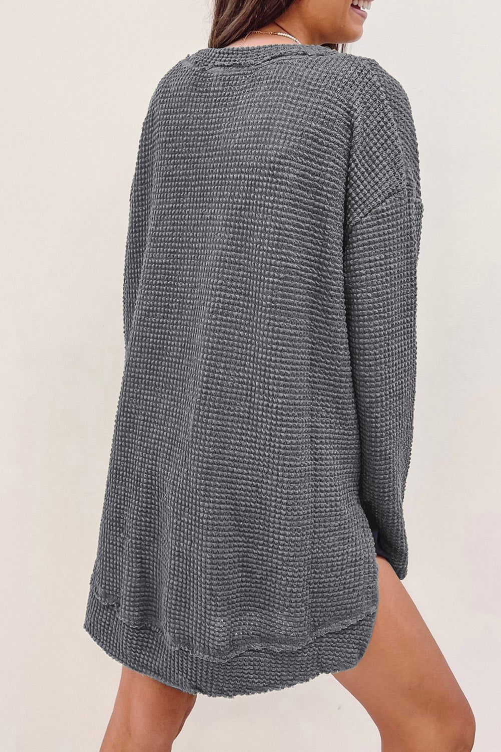 Khaki Plain Waffle Knit Drop Sleeve Side Slits Oversized Top