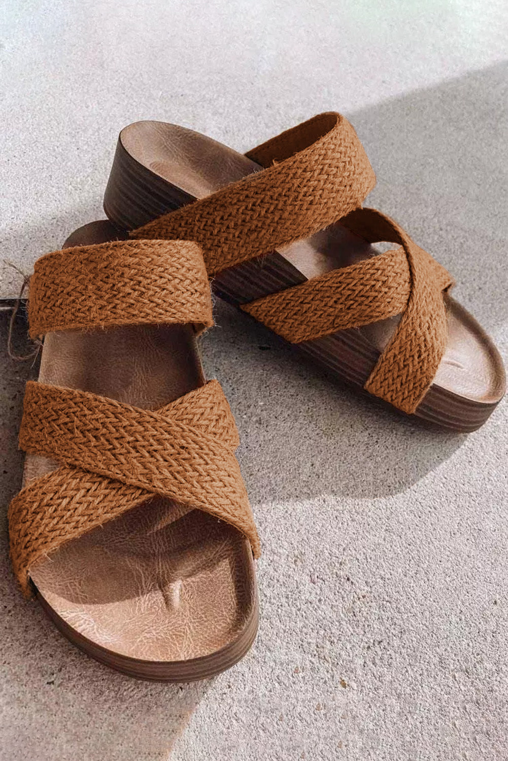 Beige Woven Criss Cross Strap Platform Slip-on Sandals