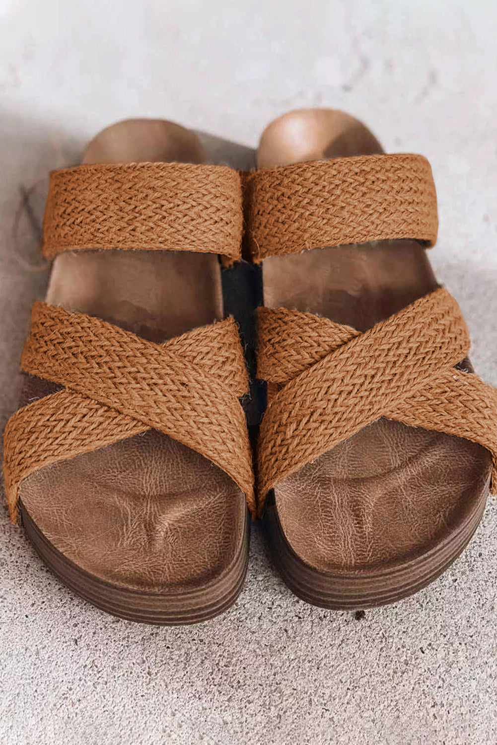 Beige Woven Criss Cross Strap Platform Slip-on Sandals