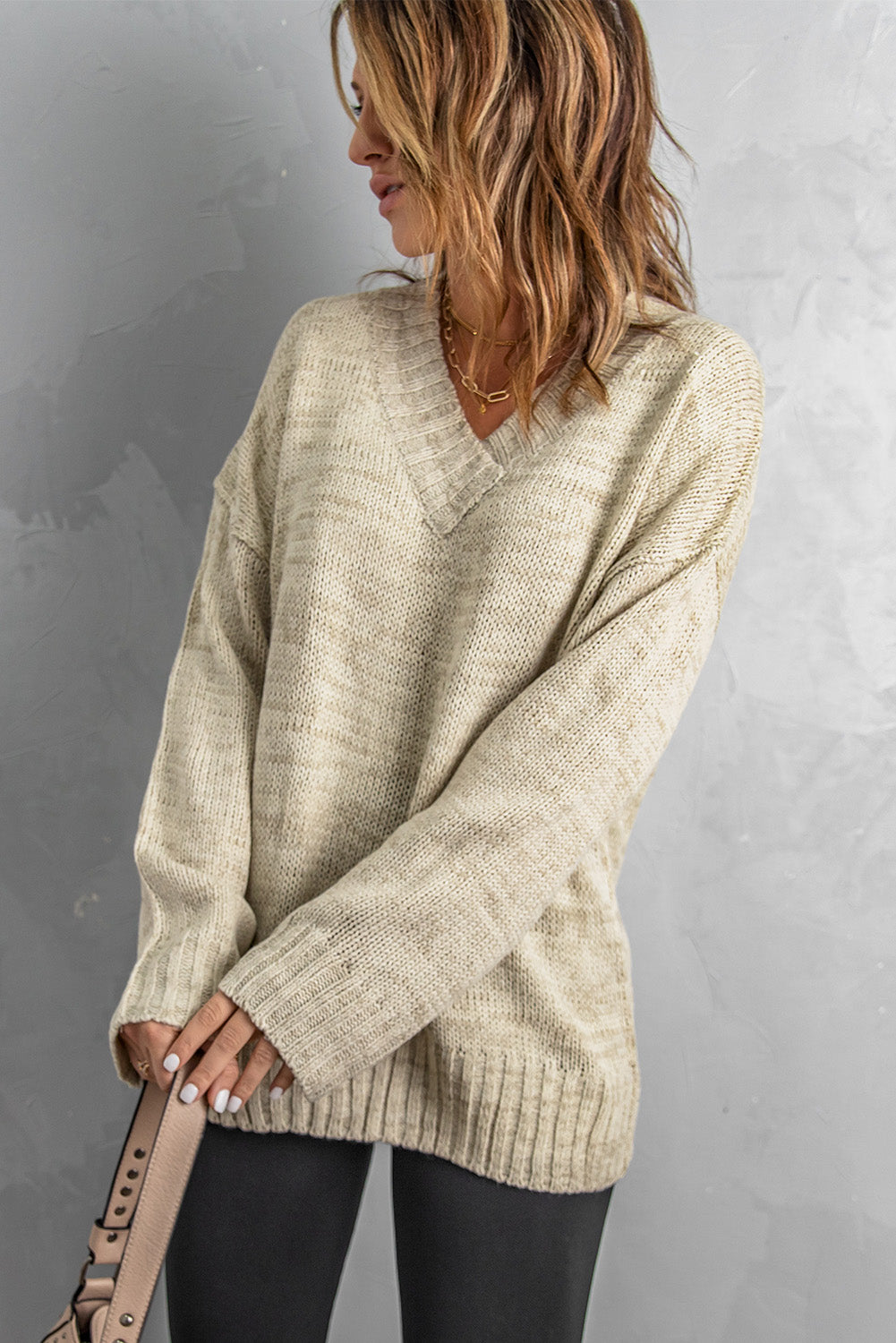 White V Neck Drop Shoulder Knitted Sweater