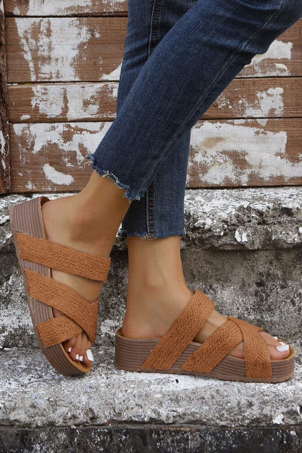 Beige Woven Criss Cross Strap Platform Slip-on Sandals