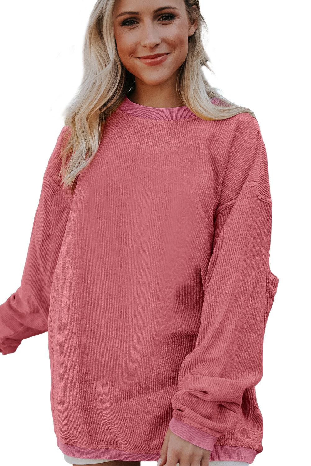 Orange Plain Drop Sleeve Rib-Knit Oversized Sweatshirt