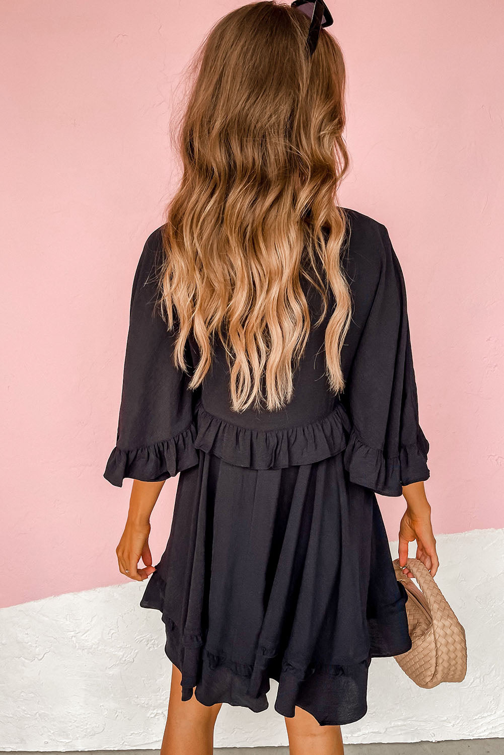 Black Ruffled 3/4 Sleeve V Neck Babydoll Short Dress