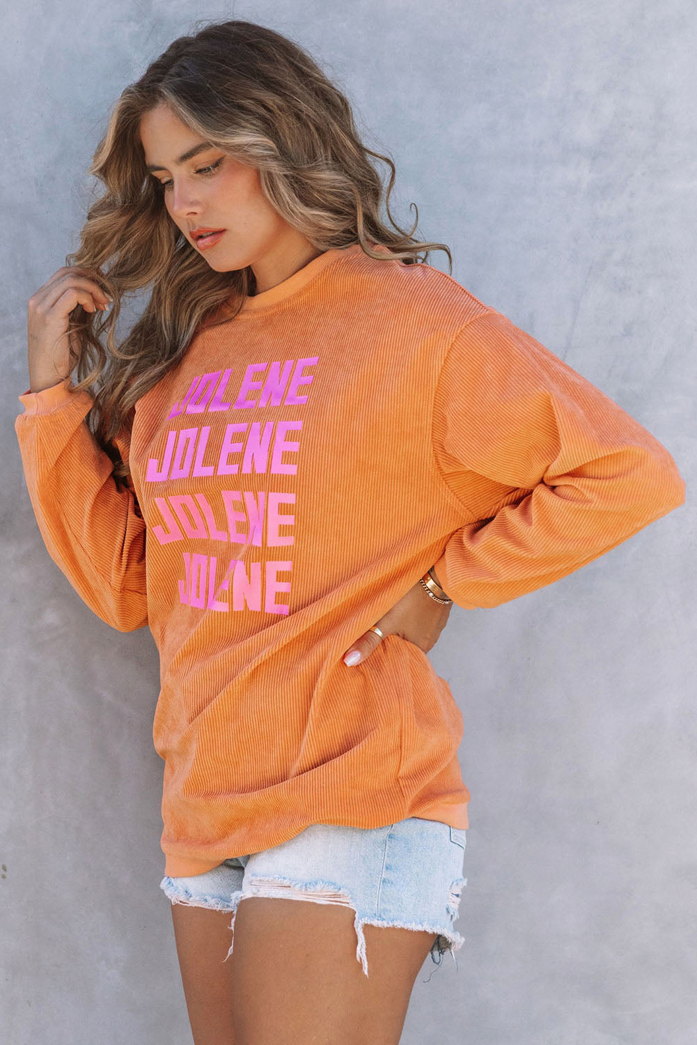 Orange Plain Drop Sleeve Rib-Knit Oversized Sweatshirt