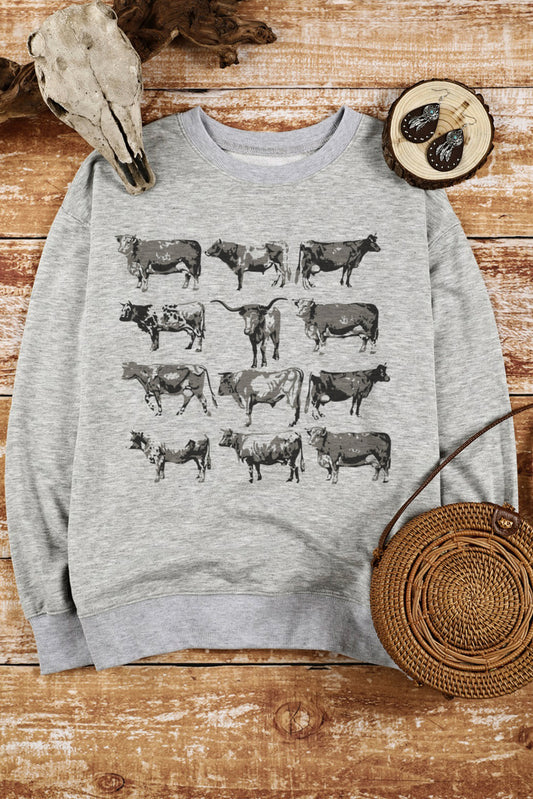 Grey Western Bull Print Graphic Long Sleeve Sweatshirt