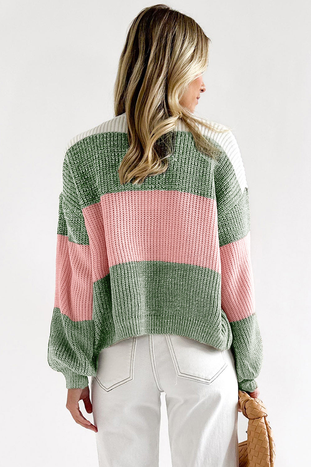 Pink Colorblock Drop Shoulder Pullover Loose Sweater