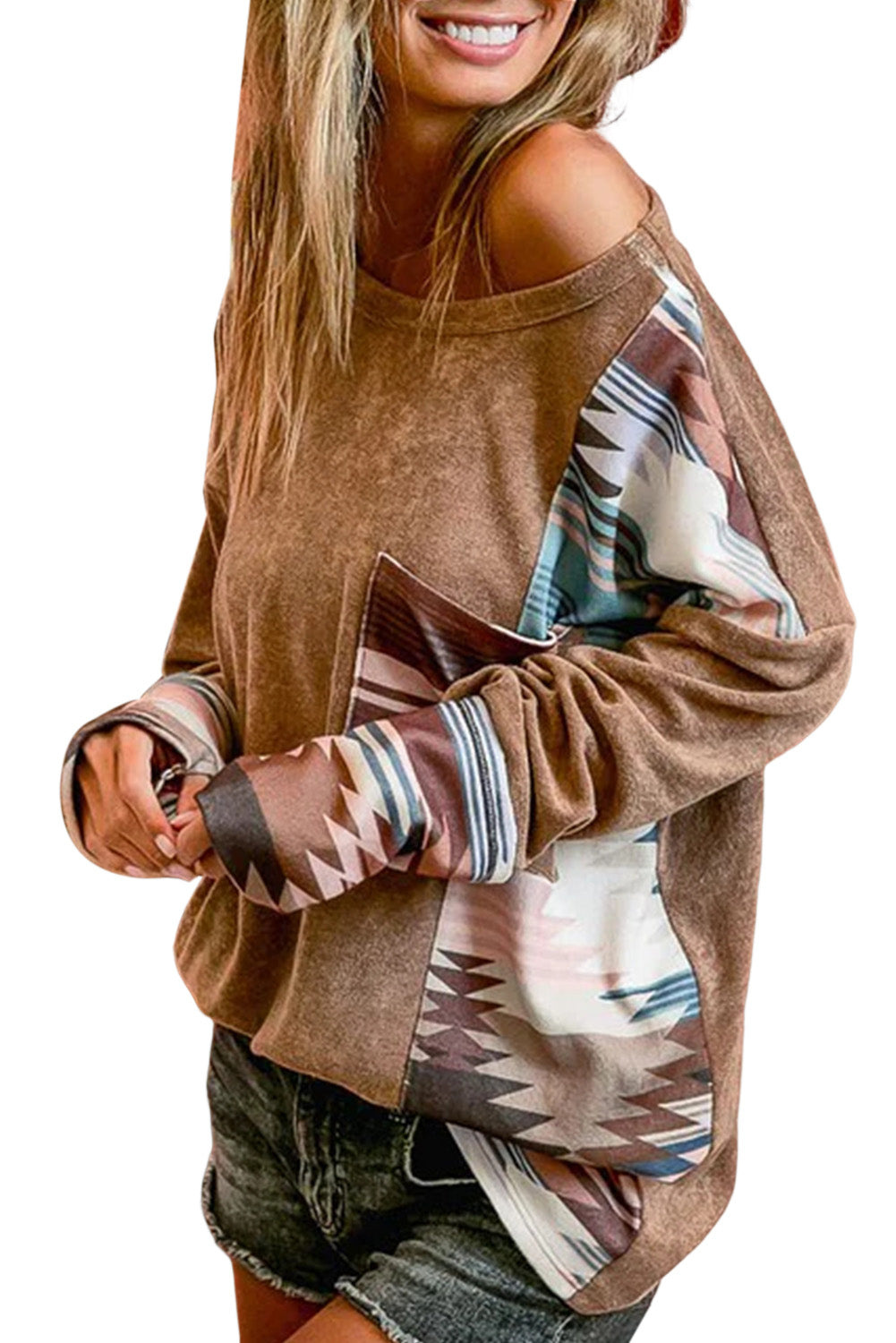 Brown Geometric Patchwork Chest Pocket Long Sleeve Top