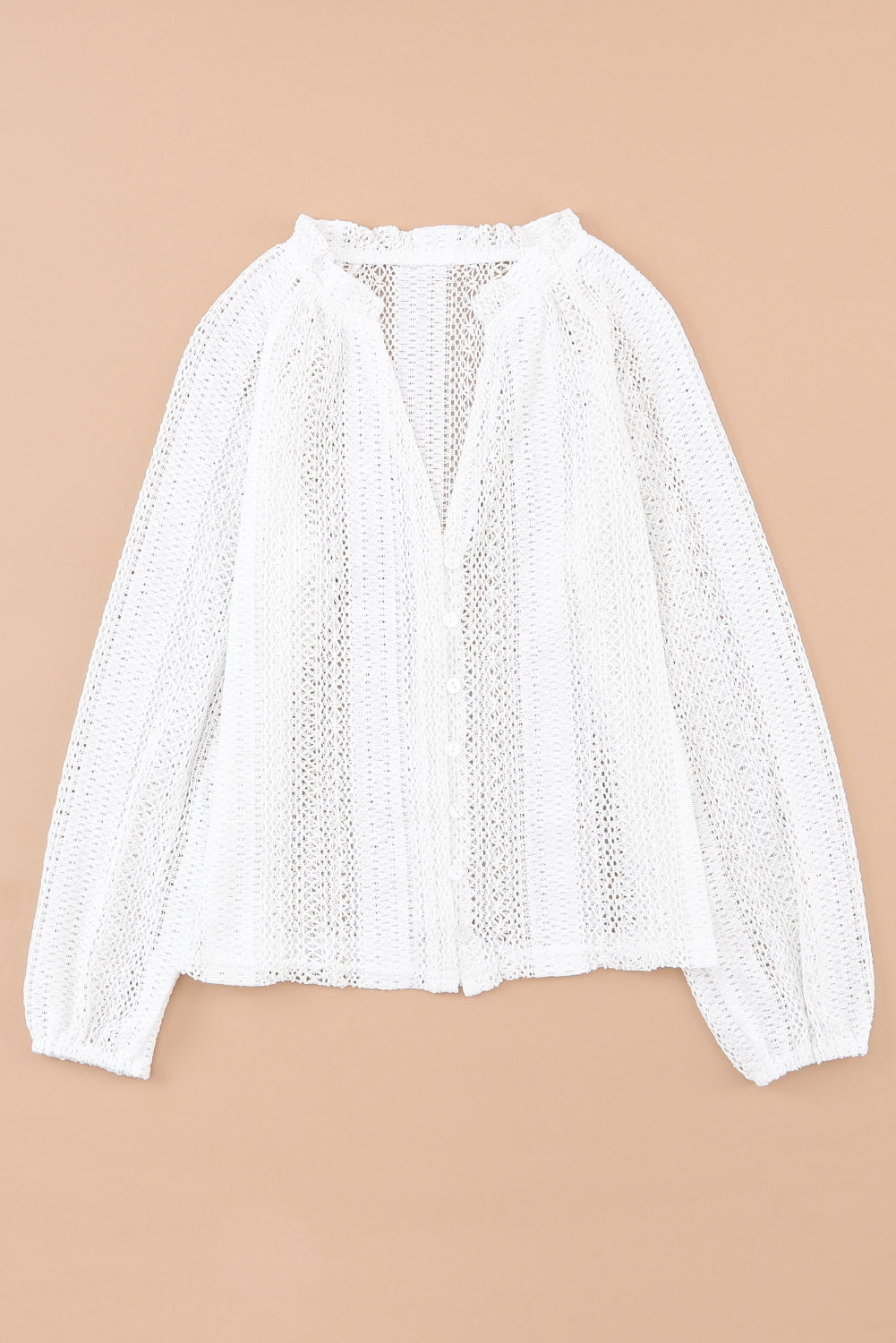 White Notch Neck Button Down Raglan Sleeve Crochet Top