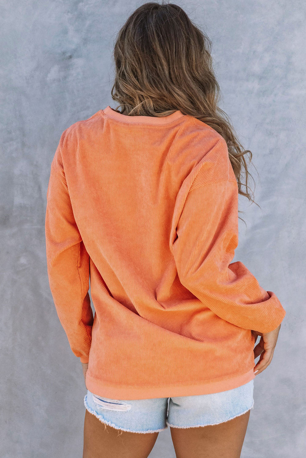 Orange Plain Drop Sleeve Rib-Knit Oversized Sweatshirt