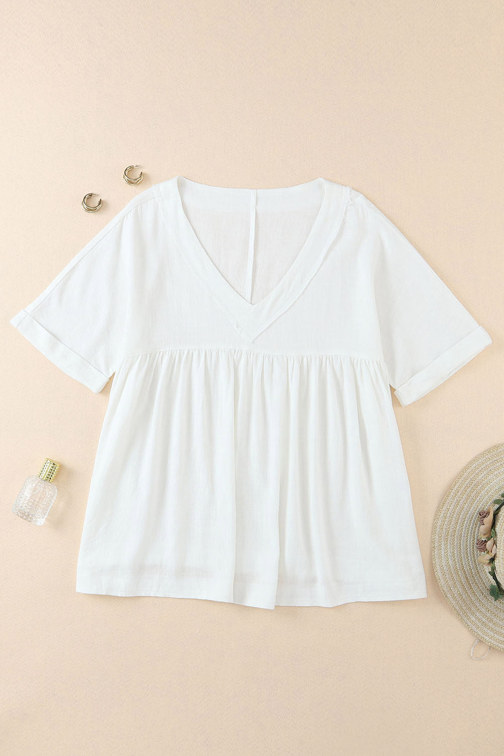 White Frayed V Neck Ruffled Babydoll Blouse