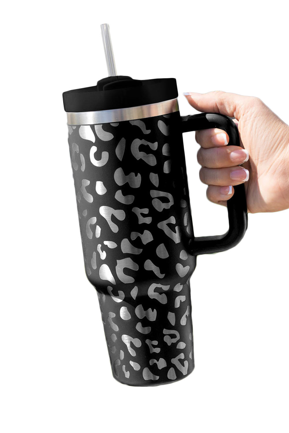 White 40oz Stainless Steel Portable Leopard Tumbler Mug With Handle