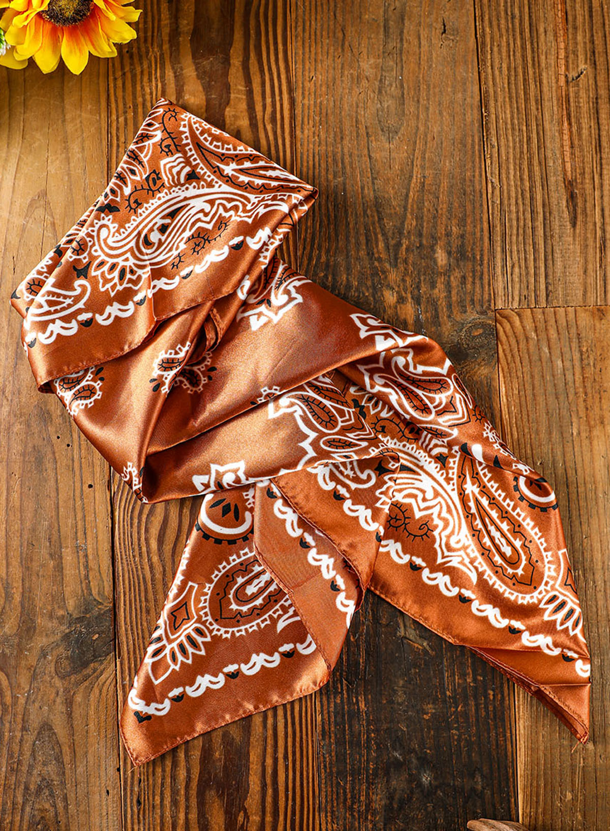 Gold Flame Vintage Satin Flower Print Square Scarf