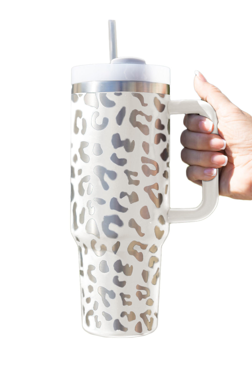 White 40oz Stainless Steel Portable Leopard Tumbler Mug With Handle