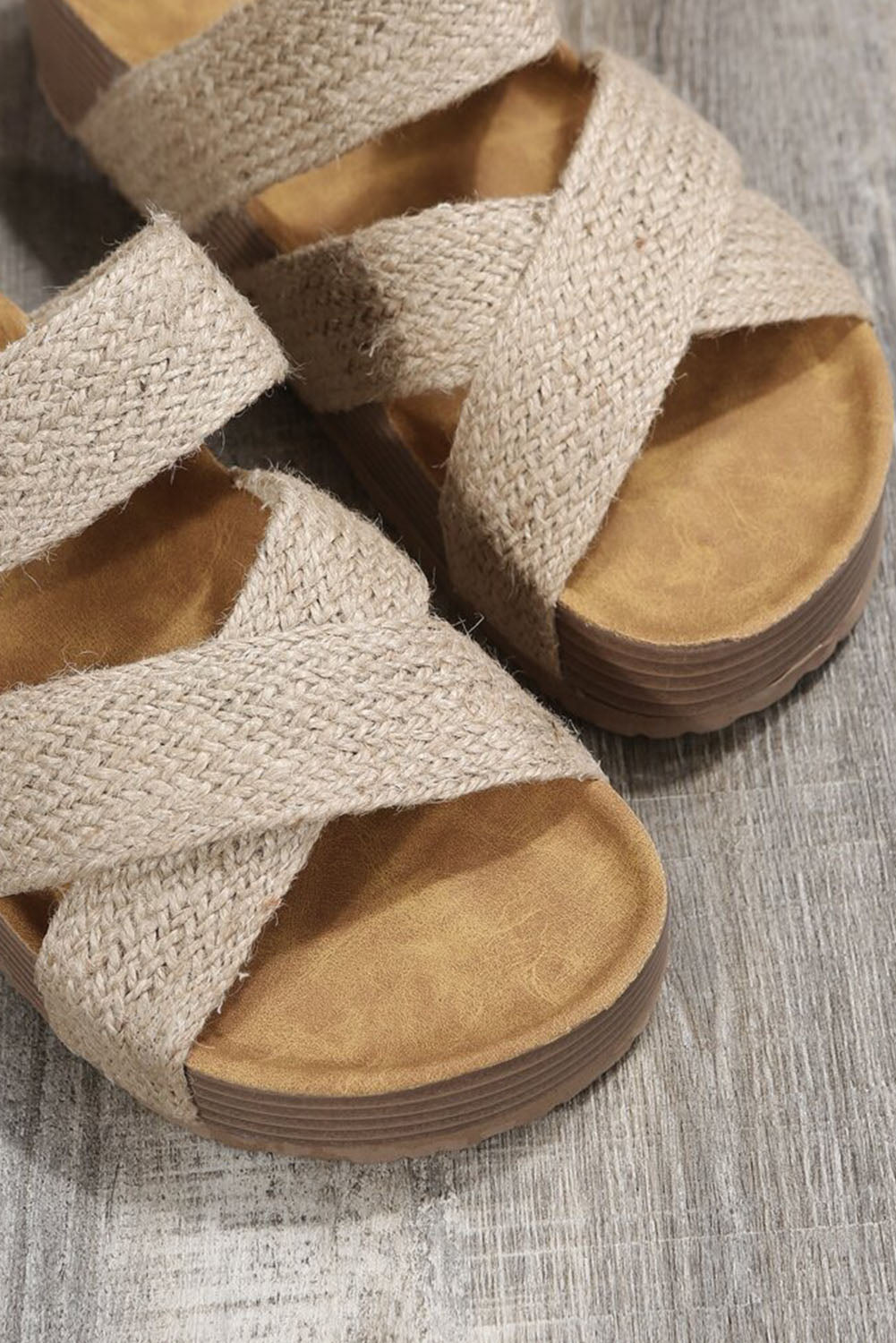 Beige Woven Criss Cross Strap Platform Slip-on Sandals